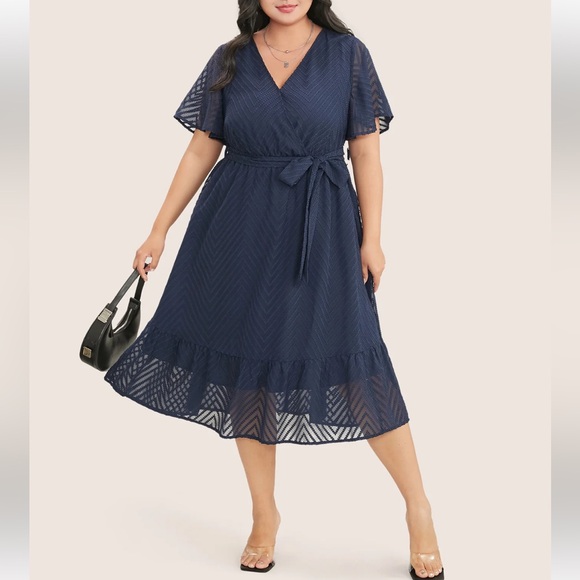 Bloomchic Plain Geometric Pocket Mesh Ruffle Sleeve Belted Wrap Dress - Picture 3 of 9